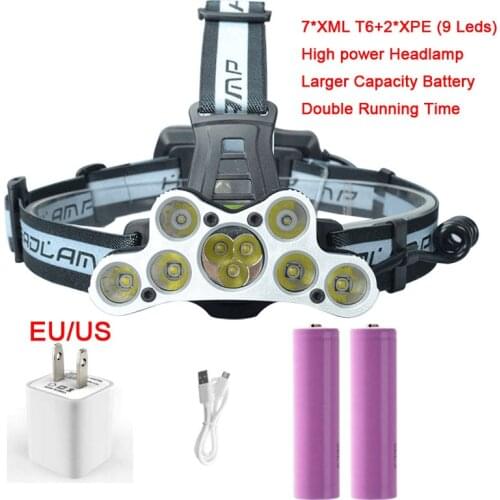 30000LM 7x XML T6+2x XPE 9 LED Headlamp Fishing Headlight USB Rechargeable Hunting Light Lamp use 2x 18650 Powerful Battery