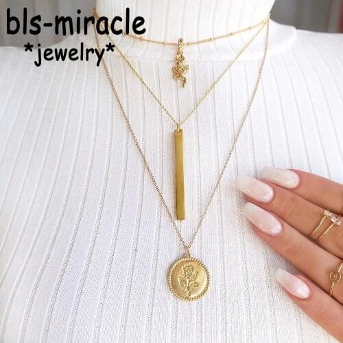 Bls-miracle Fashion Rose Flower Charm Pendant Necklaces For Women Girls Gift Coin Gold Color Chains Necklace Statement Jewelry