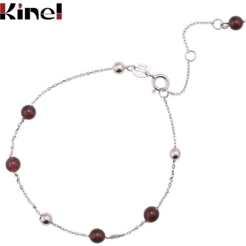 Kinel Natural Garnet Bracelet Genuine 925 Sterling Silver Simplicity Round Beads Bracelets for Women Jewelry Gift