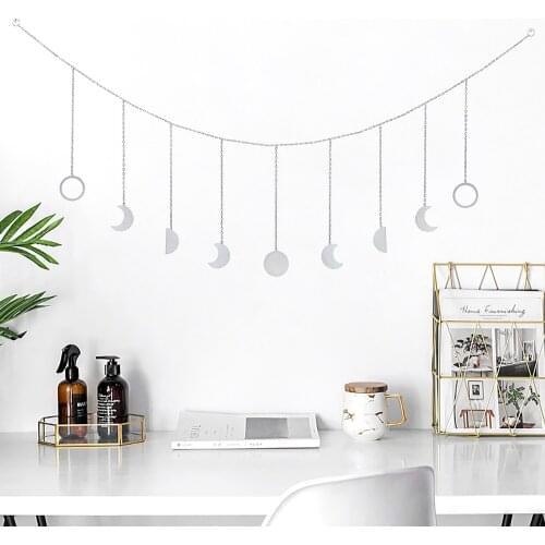 Silver Metal Wooden Sun and Moon Shape Decoration Photo Wall Accessories Home INS Style Moon Phase Wall Hanging