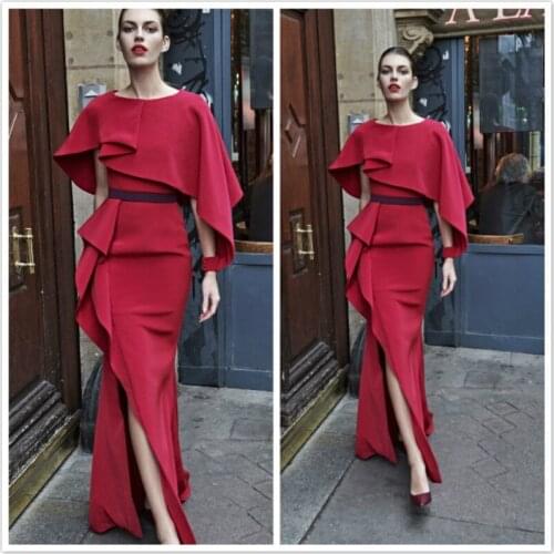 Elegant Prom Dresses 2020 O neck Red High Split Satin Sweep Train Short Sleeve Evening Gown Mermaid Backless Vestido De