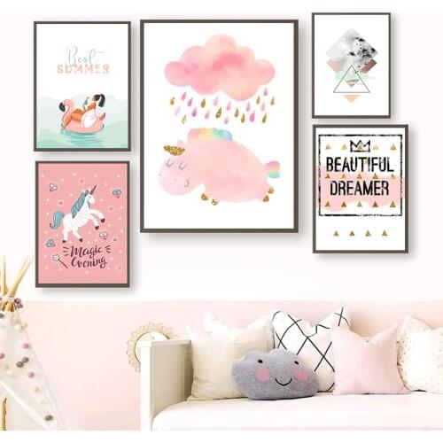 Flamingo Hippo Unicorn Cloud Lake Alphabet Girl Wall Art Canvas Painting Nordic Posters And Prints Wall Pictures Kids Room Decor