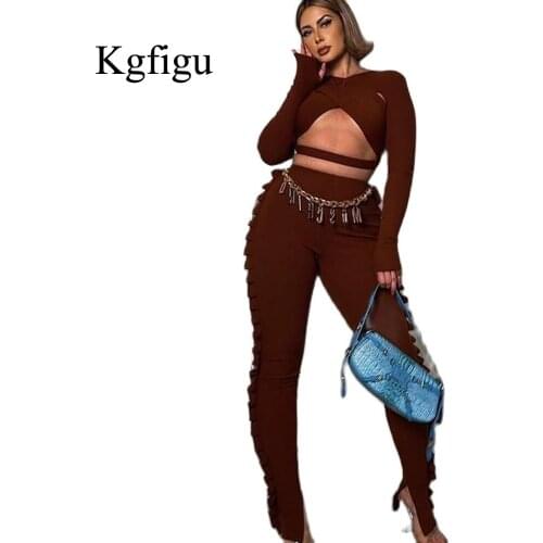 KGFIGU Two Piece Set Women 2021 Spring New Arrival Ladies Long Sleeve Cropped Top And Frilled Trousers Elegant Pants Suits