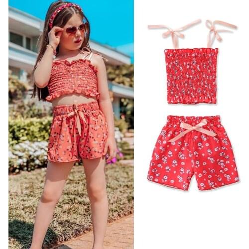 1-6Years Baby Girl Clothes Camisole + Shorts Sets Flower Printing with Bow Decoration Cool Summer Clothing