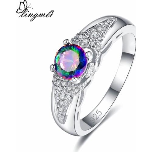 Lingmei Wholesale Cocktail Jewelry RainbowWhite Cubic Zircon Silver Color Ring Size 6-9 Free Shipping Wedding Engagement