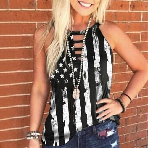 Summer Women Tank Tops Ladies Sexy Hollow Out Sleeveless Vest T-shirt Camis American Flag Print Tops Shirts Streetwear