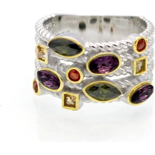 Fashion Women Silver Color Crystal Rainbow Rings Stainless Steel Rhinestones Multi layer Square Stones Rings Jewelry