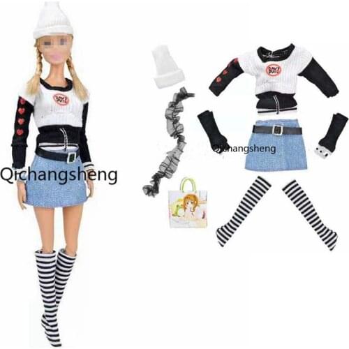 Fashion 11.5" Doll Outfits Set For Barbie Clothes Shirt & Jeans Skirt & Hat & Socks & Handbag 1/6 BJD Accessories Playhouse Toys
