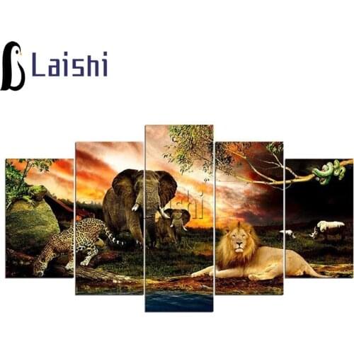 5pcs Diy Full Square Round Diamond Painting Lion Elephant Cheetah Nature Forest Modular African Wild Animal Embroidery Mosaic