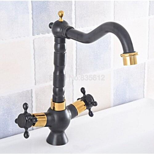 Black & Gold Color Brass Swivel Spout Double Cross Handles Bathroom Kitchen Sink Faucet Mixer Tap tsf794