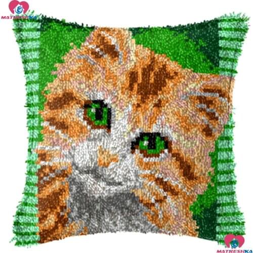 Latch Hook kits Cat Cushion Latch Hook Rug Kits DIY Needlework Unfinished Handicraft Embroidery Printed Canvas Pillowcase set