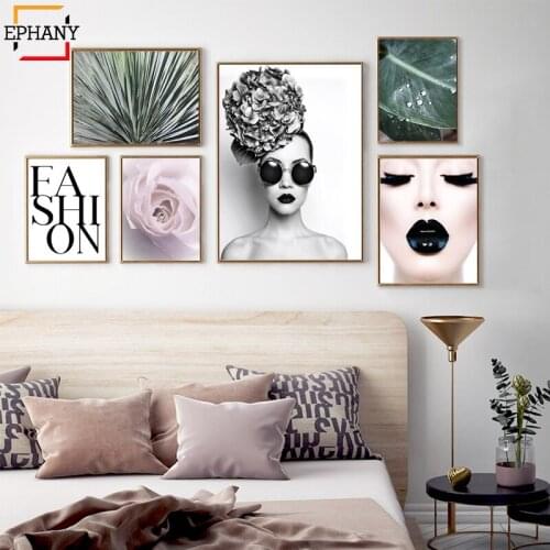 Fashion Gallery Wall Art print Black Lips Modern Girls Room Decor Green Plants Posters and Prints Wall Pictures for Living Room