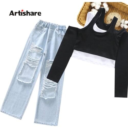 Clothes For Girls Tshirt + Denim Jeans Clothes For Girls Casual Style Girl Outfit Summer Childrens Costume 6 8 10 12 14