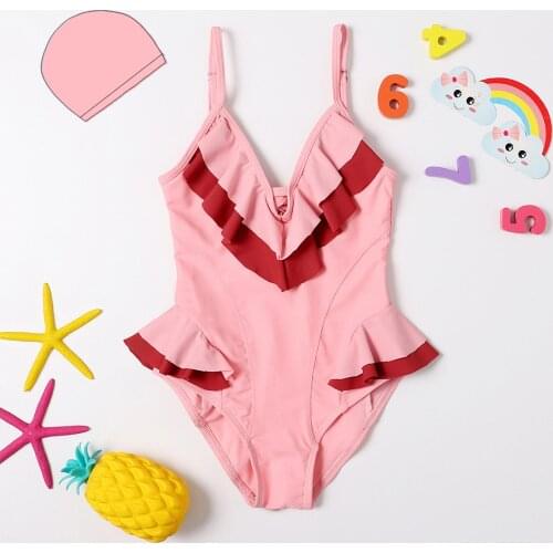 1-6Years Toddler Baby Kids Girls Ruffles Solid One-Piece Swimsuit Bathing Beach Swimwear plavky kids Pink suspender swimsuit M4
