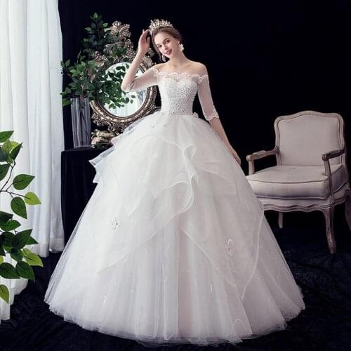 Wholesale Half Sleeve White Beads Wedding Dresses 2021 New Fashion Princess Bride Dress Plus Size Turkish Gowns Vestido De Novia