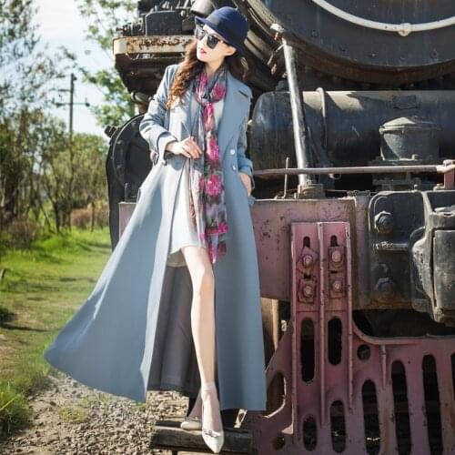 Autumn fashion double breastedwindbreaker coat OL trench overcoat ultra long big swing outwear slim elegant coat L1227 with belt