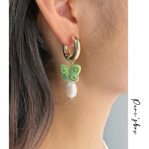 PerisBox Colorful Ceramic Butterfly Freshwater Pearl Pendant Hoop Earrings Cute Multicolor Charm Huggie Earring For Women Girl