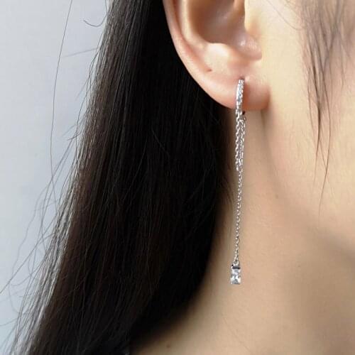 925 Sterling Silver Square Crystal Drop Earrings Long Hanging Dangle Earrings Fine Wedding Jewelry for Women Gift