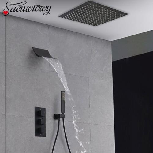 Black Thermostatic Rain Waterfall Shower Faucet Wall Mounted/Ceiling Mount Bathroom Shower Faucet Concealed Shower Faucet Set