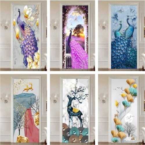 Embossed Peacock Sticker for Doors Self-adhesive Nordic Elk Entirely Full Renovate Rental House Bathroom Wardrobe Bedroom Poster