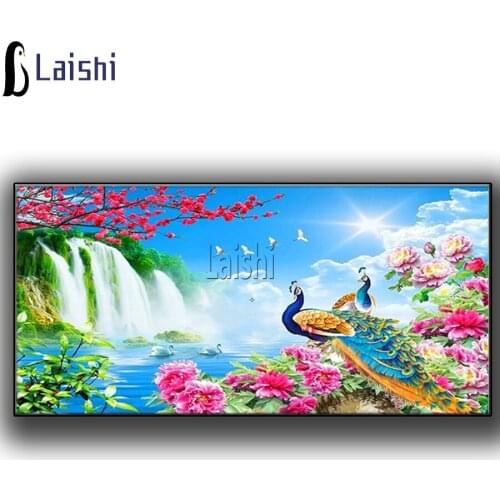 Waterfall peacocks flower large size diy 5d diamond painting full square round drill mosaic embroidery kits wall decoration