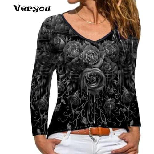 2021 Long Sleeve Women T-shirt Fashion Rose Printing Casual Tee Shirt V Neck Slims Fit Ladies Tshirt Streetwear Top