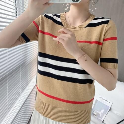 2021 New Knitted Striped Short-sleeved T-shirt Women Loose Wild Round Neck Cotton and Linen Knitted Half-sleeved Top