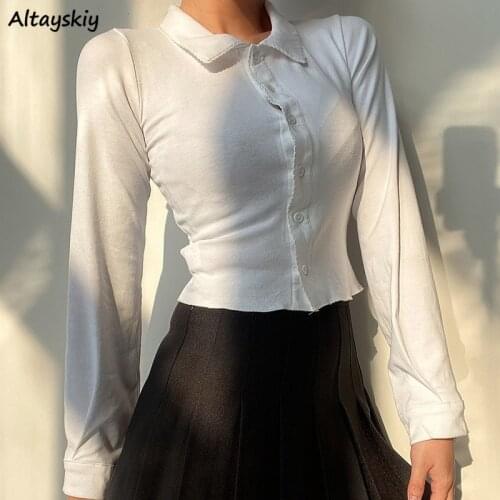 Shirts Women Slim Solid Crop Top Sexy Simple Casual Fashion Korean Style Retro Mujer Sweet Harajuku Soft New Spring Design Ins
