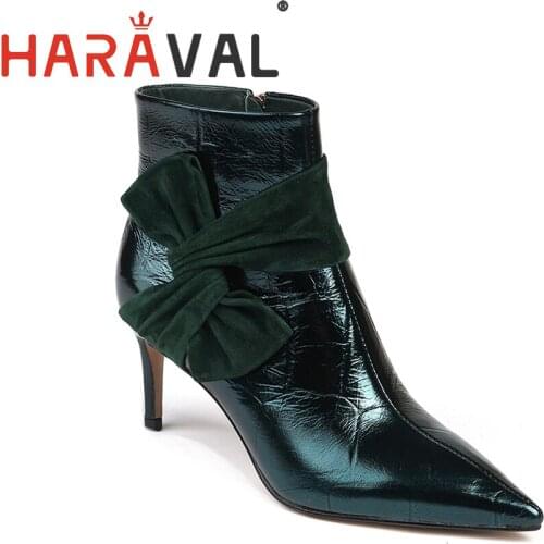 HARAVAL 2020 women pointed toe thin heels ankle boots lady zipper elegant fashion high leather boots winter warm shoes E103L