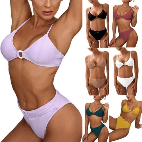 Women Split Bikini Set Solid Color Backless Deep V-Neck Bikini High Waist Bikini Women 2021 New Beach Swimsuits