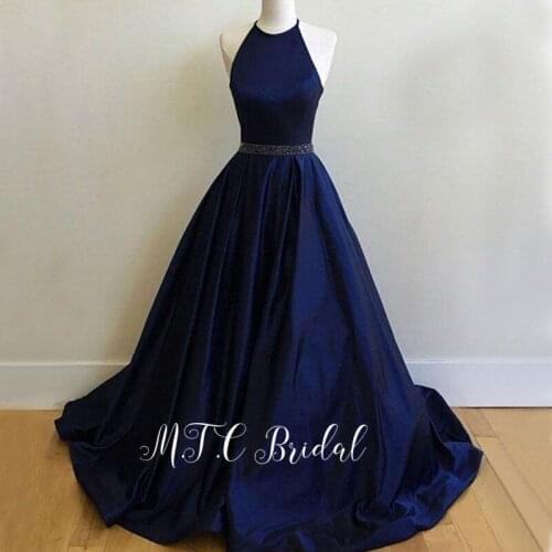 Formal Navy Blue Long Evening Dress 2019 Halter A Line Beaded Sashes High Quality Satin Prom Gowns Custom Made Vestido De Festa