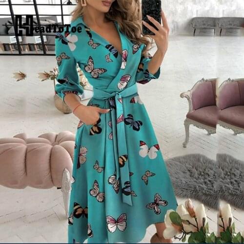 Print Sashes OL Fashion Dresses for Women Half Sleeve V Neck Turn Down Collar Mid-calf Loose Dress Women