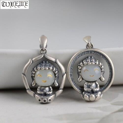 100% 925 Silver Tibetan Little Buddha Pendant Natural Jade Buddhist Buddha Pendant Tibetan Women Pendant Good Luck Amulet