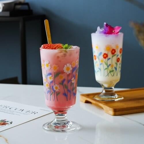 280ml 9.5oz Korean Style Daisy Flower Printed Glasses Goblet Water Juice Milk Drinking Glass Cup