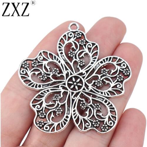 ZXZ 5pcs Tibetan Silver Large Flower Charms Pendants for Necklace Jewelry Making Findings 55x53mm