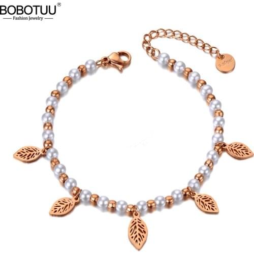 BOBOTUU Bohemia Stainless Steel Simulated Pearl Leaves Charm Bracelets Jewelry For Women Girl Браслеты-цепочки И Звенья BB20091
