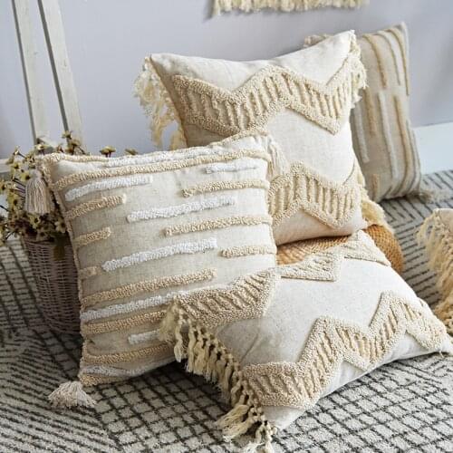 Beige Cushion Cover with Tassel Boho Style Pillow Cove Farmhouse Decoration Pillowcase for Bed Sofa Livingroom 45x45cm/30x50cm
