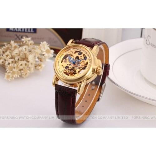 Fashion Winner Top Automatic Mechanics Clock Women Top Brand Design With Luxury Gold Color Dial Leather Watches Relojes Mujer