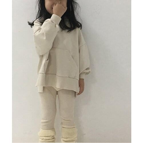 Childrens Wear 2021 Autumn New Girls and Boys Loose Casual Solid Color Asymmetric Split Terry Cotton Sweater Hoodie Top