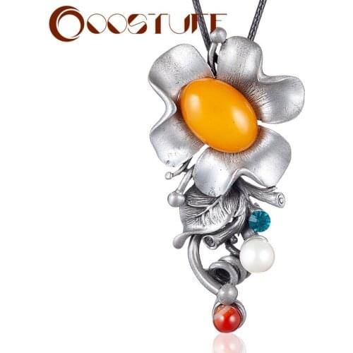 Long Necklace for Women Flower Vintage Jewelry Yellow Color Stone Pendants Black Rope Chains Jewellery Suspension Chokers 2021