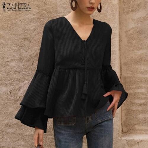 Elegant Women Long Flare Sleeve Blouse Summer Ruffles Shirt ZANZEA Stylish V Neck Tassels Blusas Office Work Tunic Top