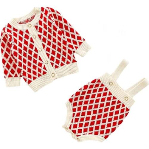 Newborn Baby Girls Clothes Autumn Children Baby Suit Jacquard Cardigan Sweater Strap Romper Sets Toddler Knitted Clothes