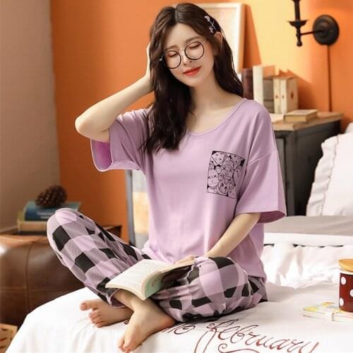 Korean M-3XL Womens Pajamas Set Short Sleeve Plaid Pant 2 Piece Sleepwear Summer Nightwear Pijamas Sweet Pyjama Femme Suit