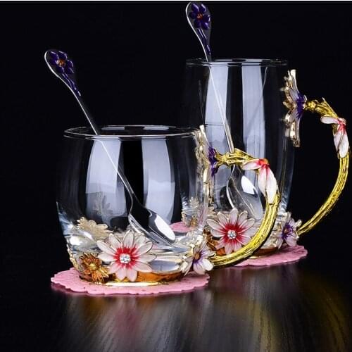 Creative Vintage Enamel Glass Cups Chrysanthemum Handgrip Coffee Mug With Stainless Steel Spoon and Coaster Beauty Friend Gift