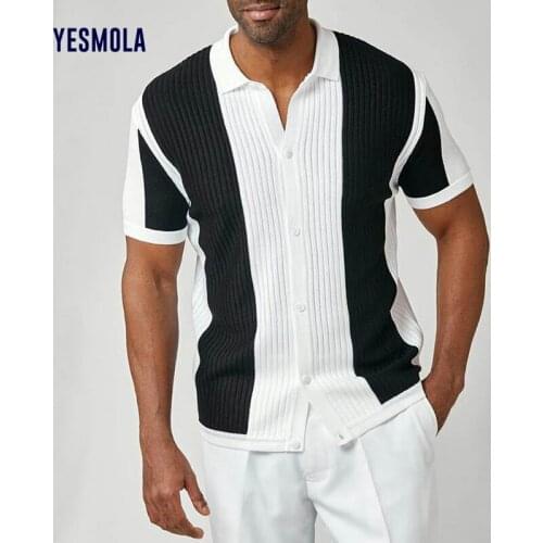 YESMOLA 2021 Summer Mens Shirt Vintage Patchwork Knitted Shirt for Men Casual Loose Short Sleeve Mens Fashion Buttoned Lapel Top