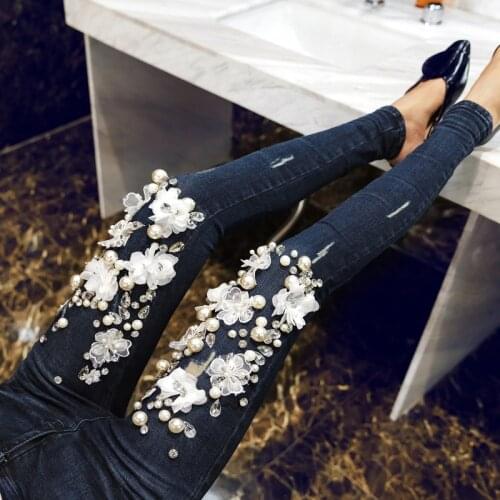 Fashion Women Diamond Drilled Jeans Broken Hole Feet Pencil Pants Long Dark Blue Jeans With Rhinestone