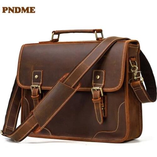 High quality natural genuine leather mens briefcase business handbag Crazy horse cowhide lawyer laptop shoulder messenger bag