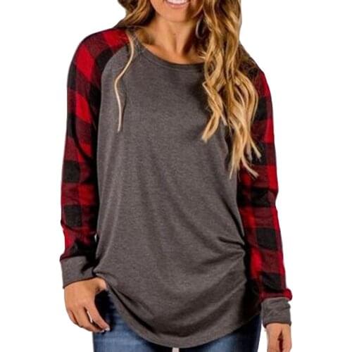 Hitmebox 2019 New Autumn Women Long Sleeve Tee Shirts Fashion Ladies Pullover Color Contrast Plaid Checks Sleeve Dark Grey Tops
