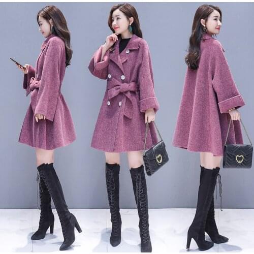 2021 Autumn Winter Women Double-breasted Loose Woolen Coat Wear New Womens Long Solid Jacket Nizi Coat Loose Tie Woolen Coat