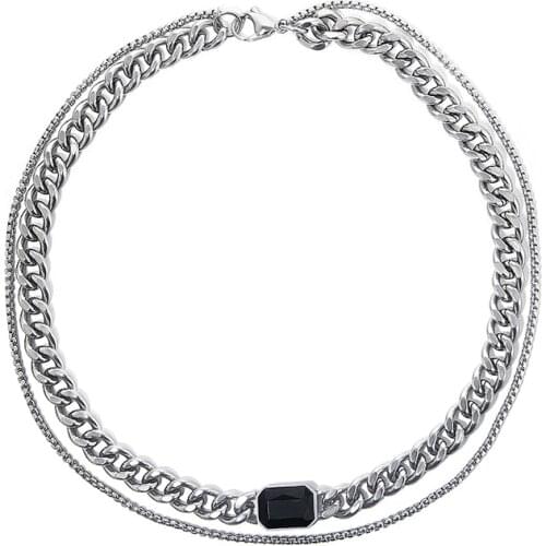 Necklace Neutral Double Layer Black Gems Stacked Clavicle Chain Cold Style Hip Hop Wild Titanium Steel Cuban Jewelry Accessories